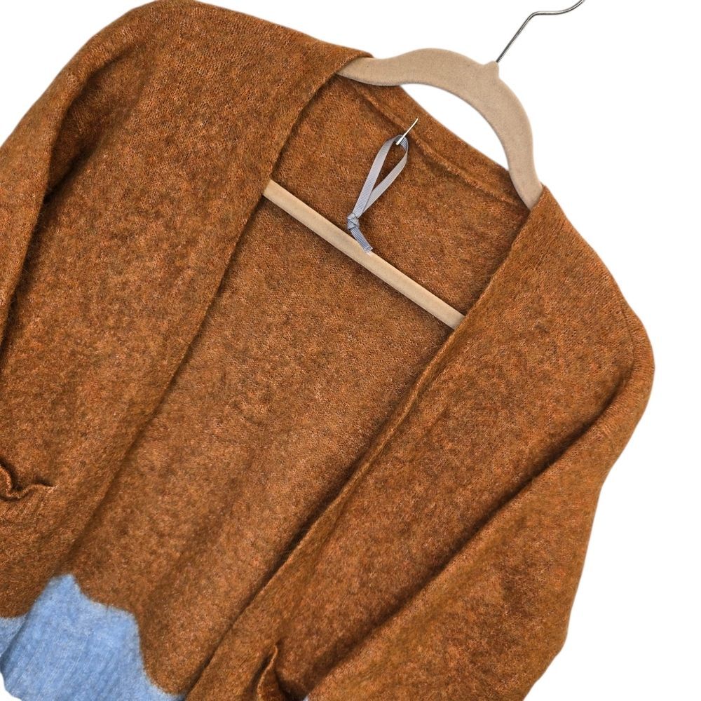 Two-Tone Women's Mohair Wool Brown Blue Open Sweater Cardigan - Picture 4 of 9